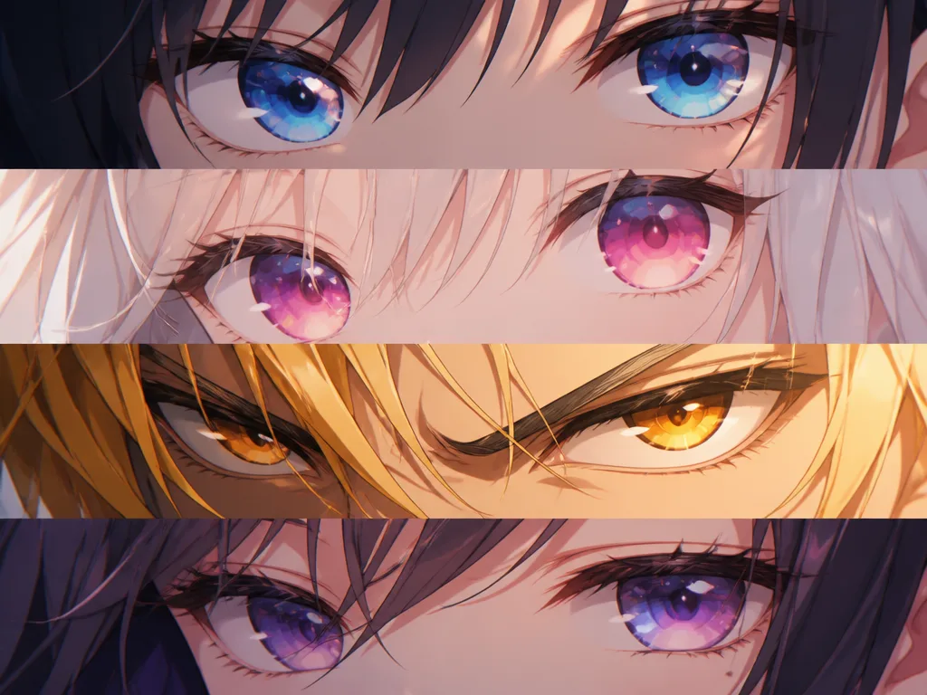 Stiliserade anime-ögon med färgglada iriser och expressiva highlights – illustration av olika ögonstilar i anime