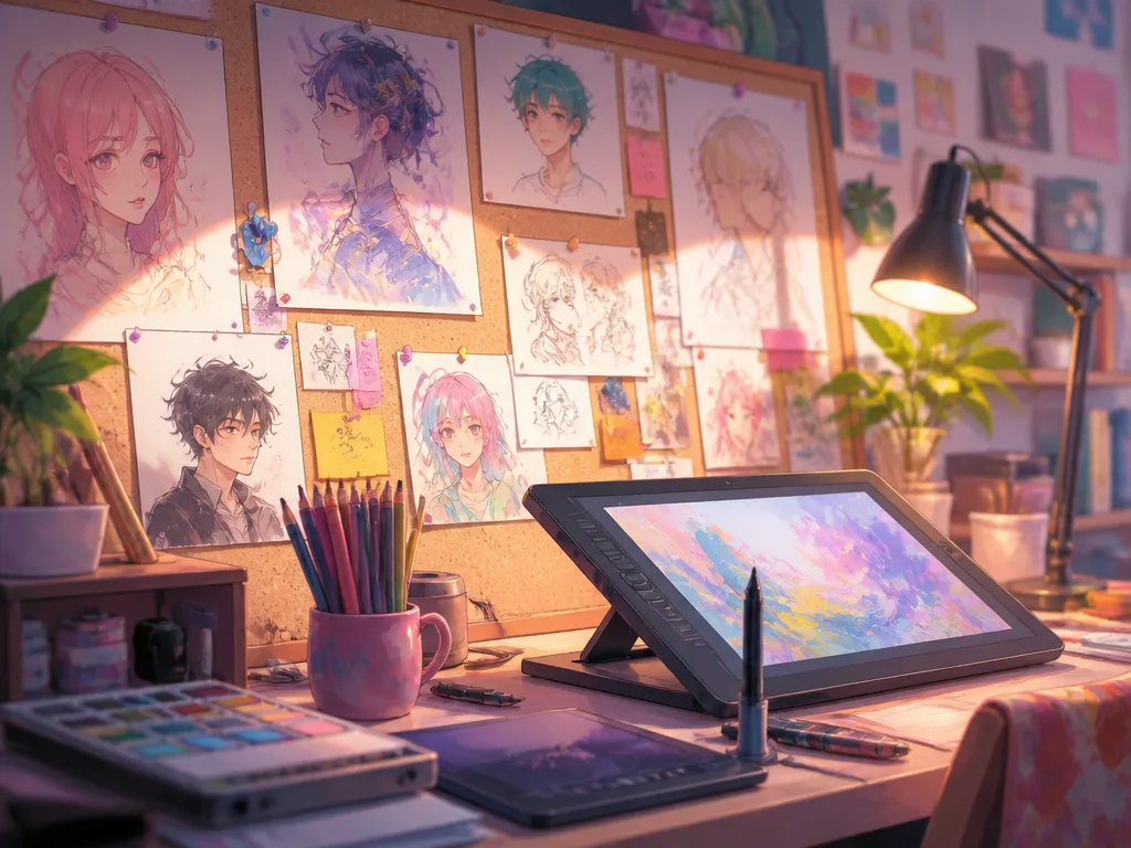 Färgglad digital konststudio med karaktärsskisser och porträttillustrationer i anime-stil