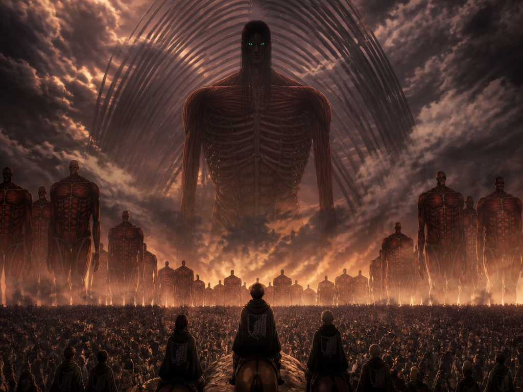 Eren Jaegers kolossala titanform leder Rumbling i Attack on Titans apokalyptiska final