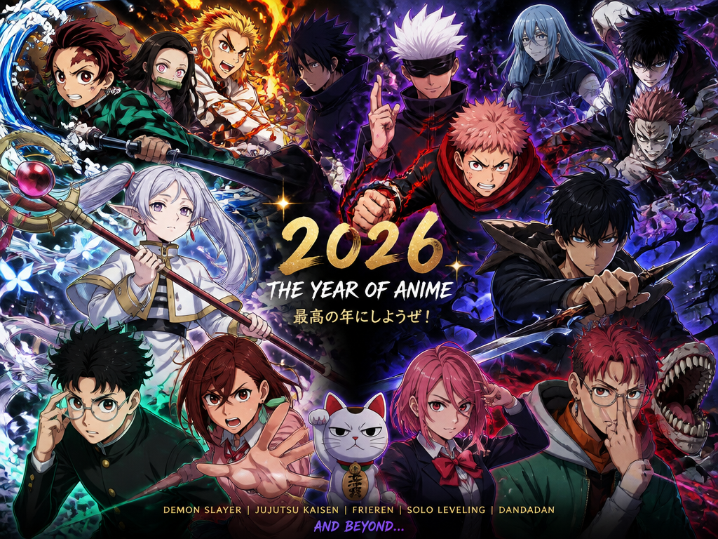 Kollage av 2026 bästa anime-karaktärer i dynamiska actionposer
