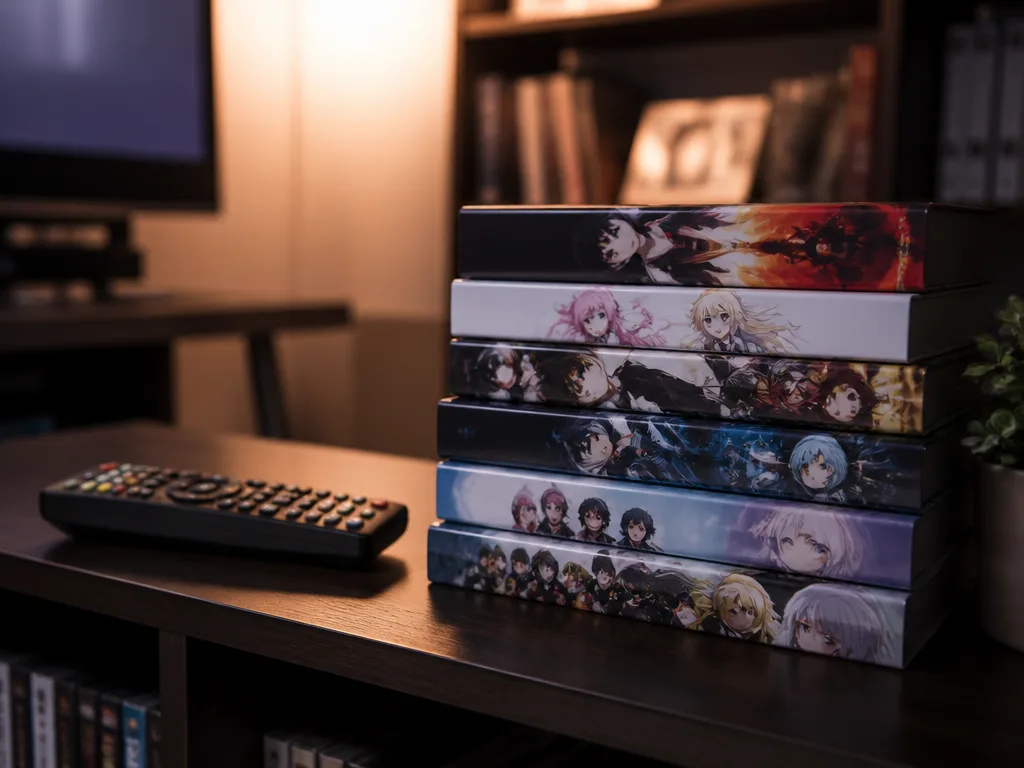 Hylla med anime-DVD-boxar och en TV-fjärrkontroll i varmt vardagsrumsljus