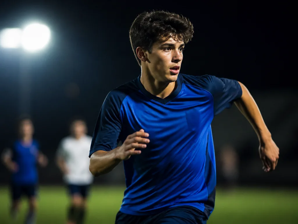 Ung fotbollsspelare i blå matchtröja på ett upplyst fotbollsplan på natten