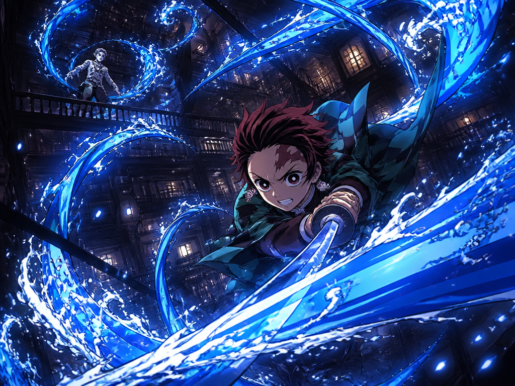 Tanjiro med vattenandningsteknik inuti Infinity Castle med dramatisk blå flameffekt