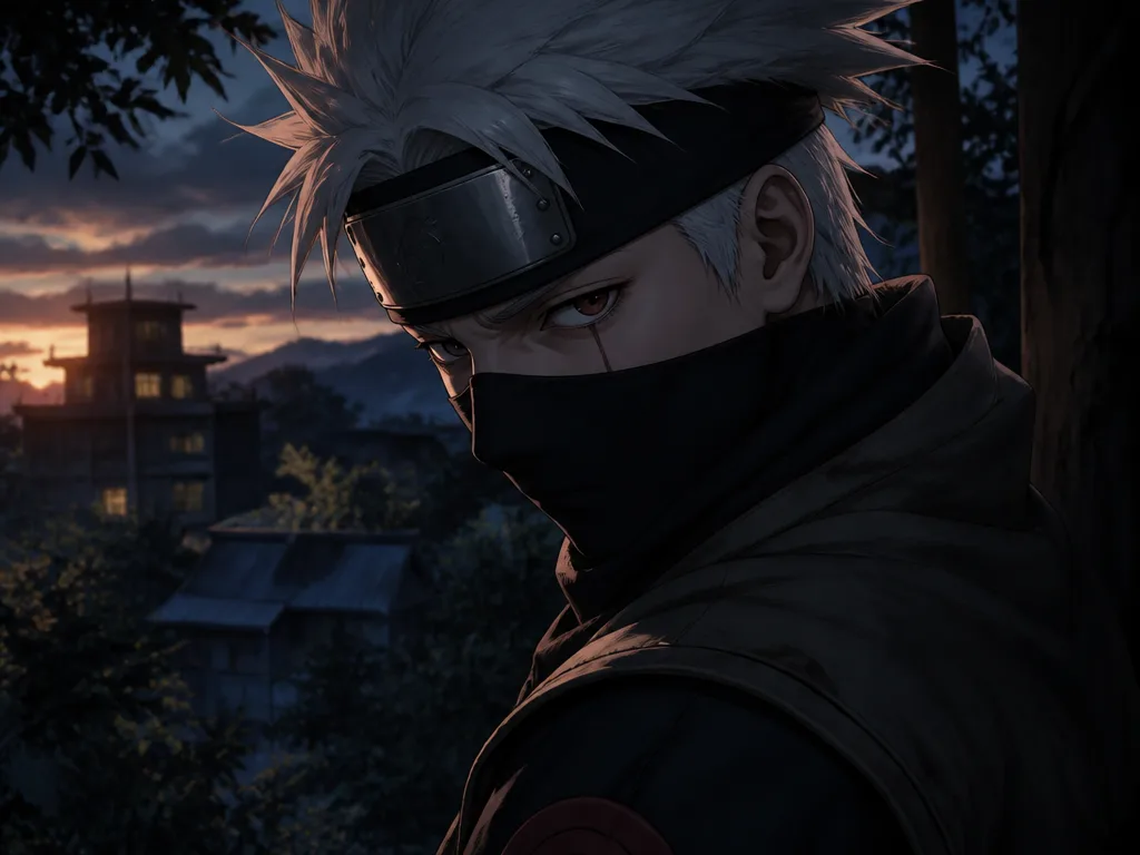Anime-stiliserad ninja med silvergrått hår, svart ansiktsmask och ärr över vänster öga, iklädd grön väst framför en skymningshimmel
