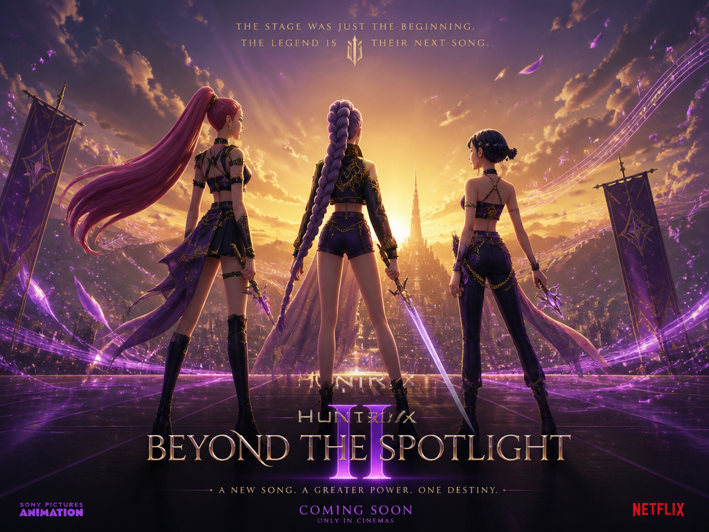 KPop Demon Hunters 2 anime-poster med HUNTR/X mot lysande horisont