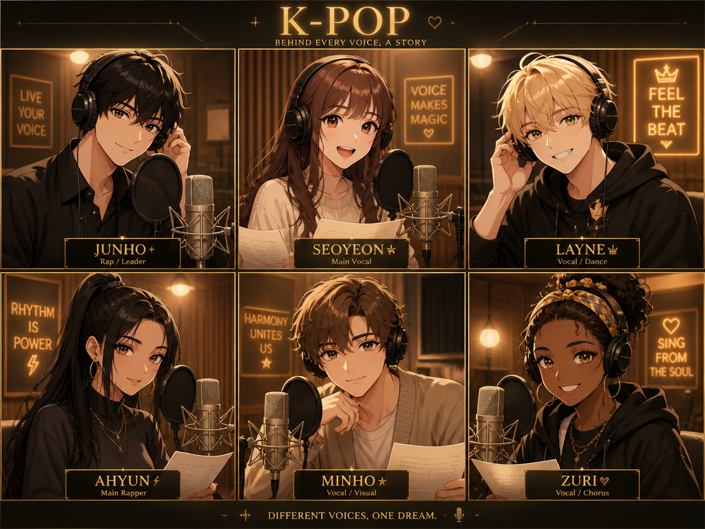 Anime-stiliserade porträtt av röstskådespelarna i KPop Demon Hunters