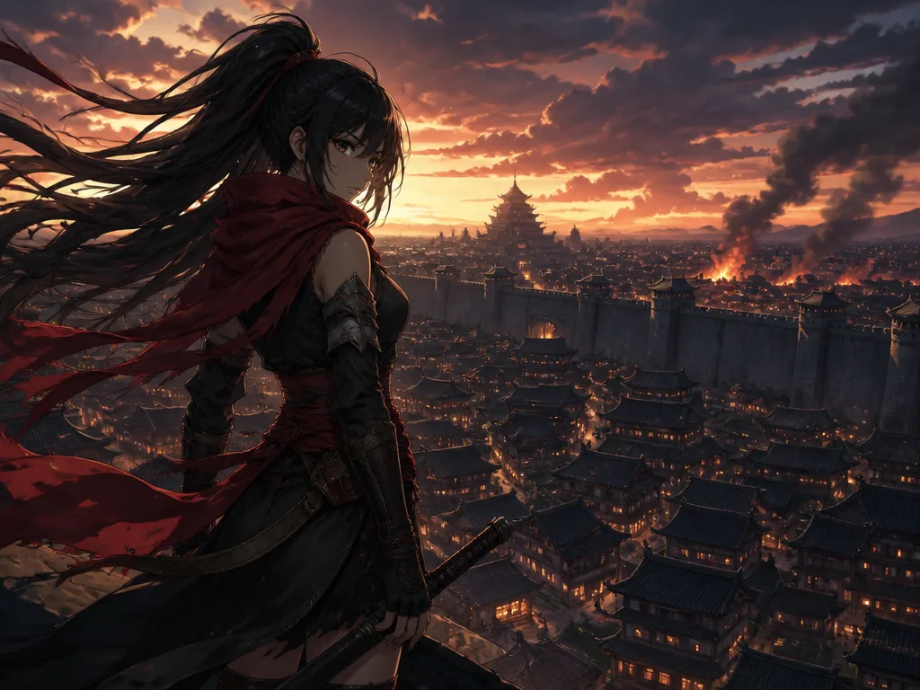Anime-stiliserad ung kvinnlig krigare med mörkt hår och röd halsduk, dramatisk himmel över en murad stad i skymningen