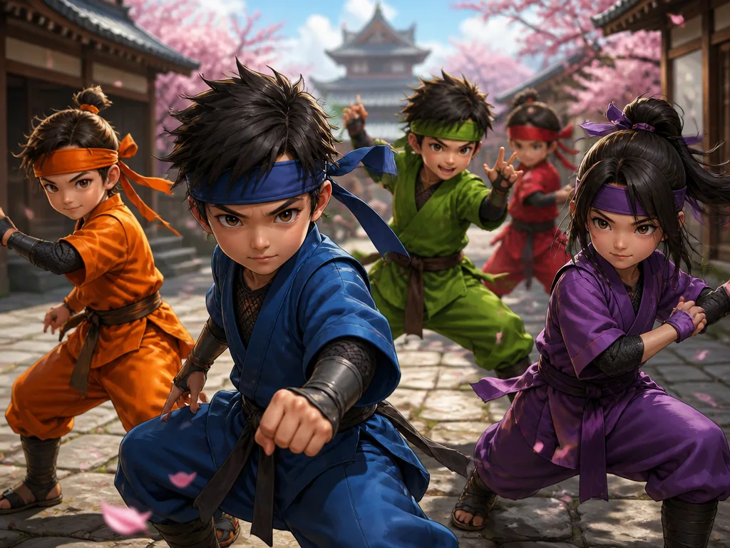 Unga ninja-studenter i färgglada uniformer och pannband i japansk by-miljö, dynamiska poser