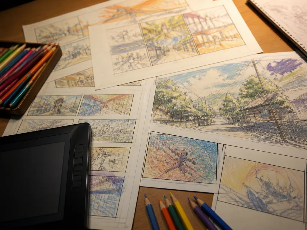 Anime-produktion storyboard-skisser och ett ritbord med färgade pennor i ett varm-belyst studio