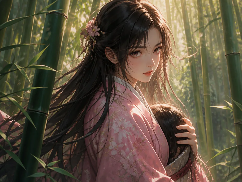 Anime-stiliserad ung kvinna med långt mörkt hår i traditionell rosa kimono, lugnt uttryck framför en bambuskog i varmt ljus