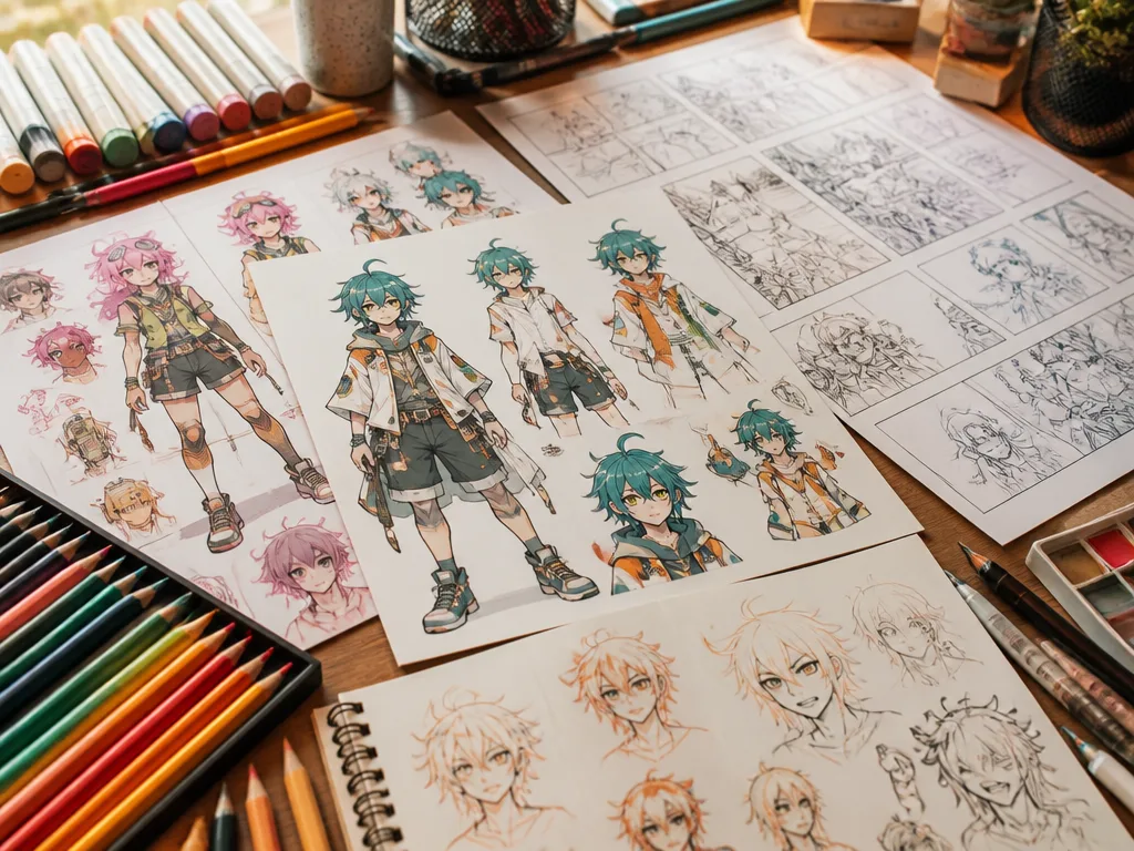 Animé-karaktärsskisser och storyboards på ett ritbord med färgpennor och markörpennor