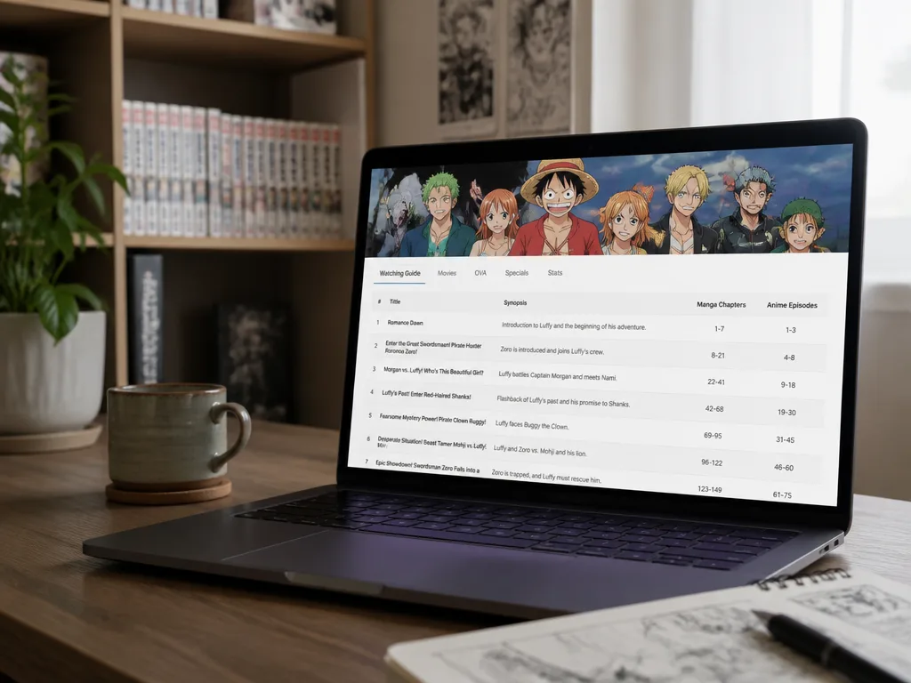 Laptop med One Piece-avsnittsguide på skärmen, mangaböcker i bakgrunden
