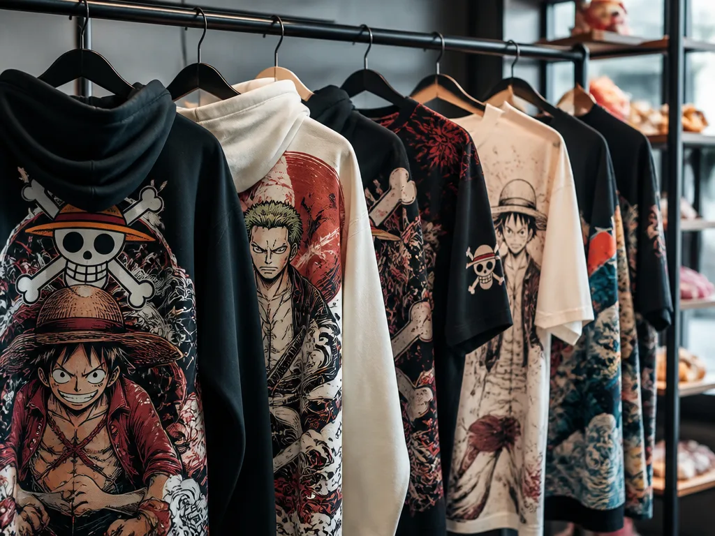 Färgglada anime-kläder med piratmotiv – hoodies och t-shirts med One Piece-design hängda på klädställning