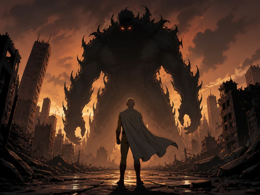 Illustration av en flintskallig hjälte i cape som lugnt möter ett gigantiskt skuggmonster i en förstörd stadsgata