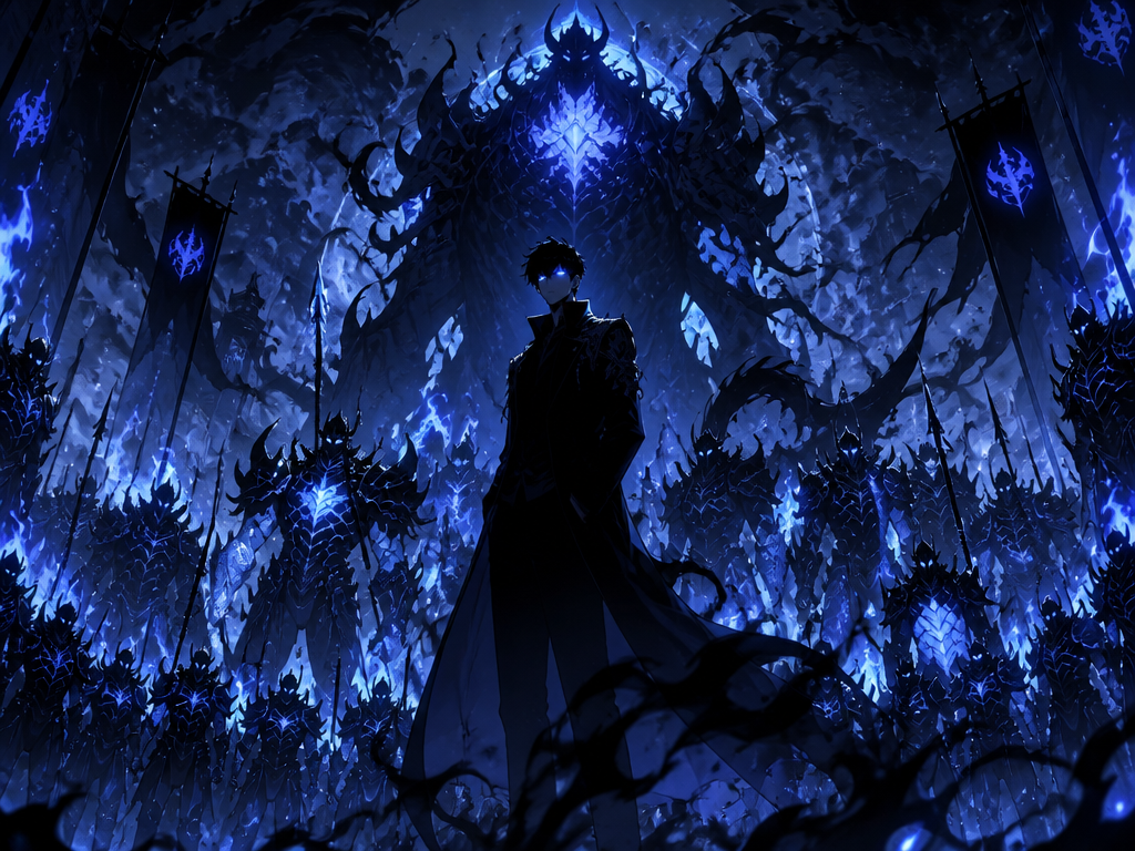 Sung Jin-Woo som Shadow Monarch med ett massivt skuggsoldatarme bakom sig