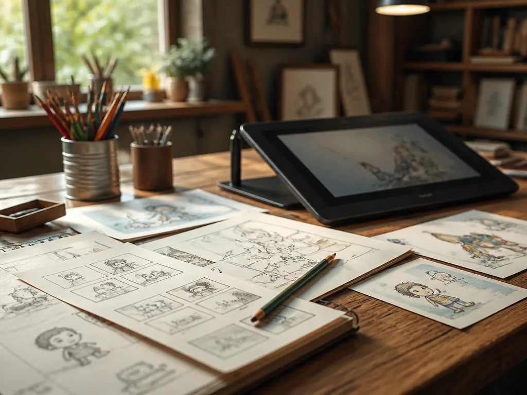 Animerad filmstudio med storyboardskisser, ritplatta och varmt studioljus vid ett skrivbord