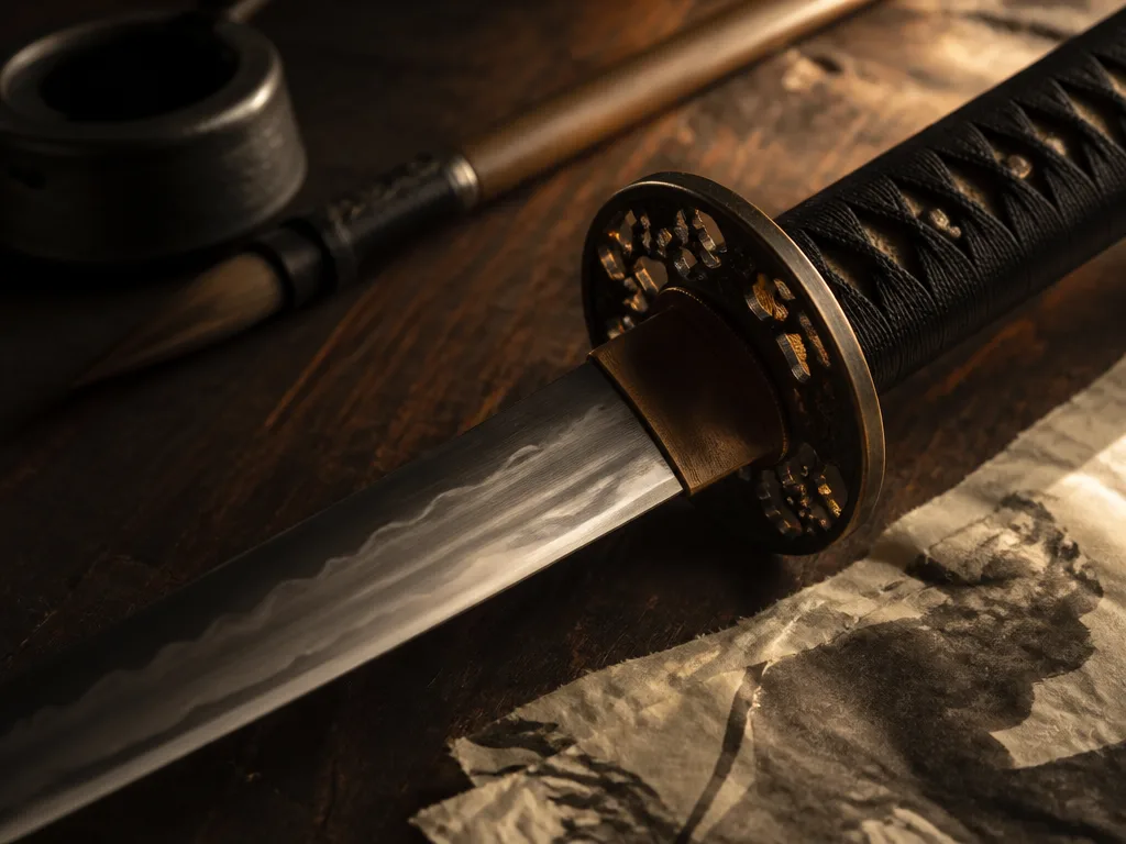 Antikt japanskt katana-svärd på trä med bläckpensel och rispapper i varmt dramatiskt ljus
