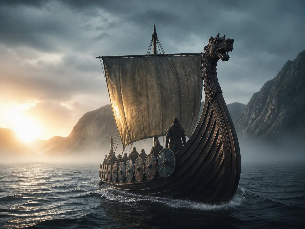 Ett vikingaskepp seglar genom dimma över ett nordligt hav i gryningsljus