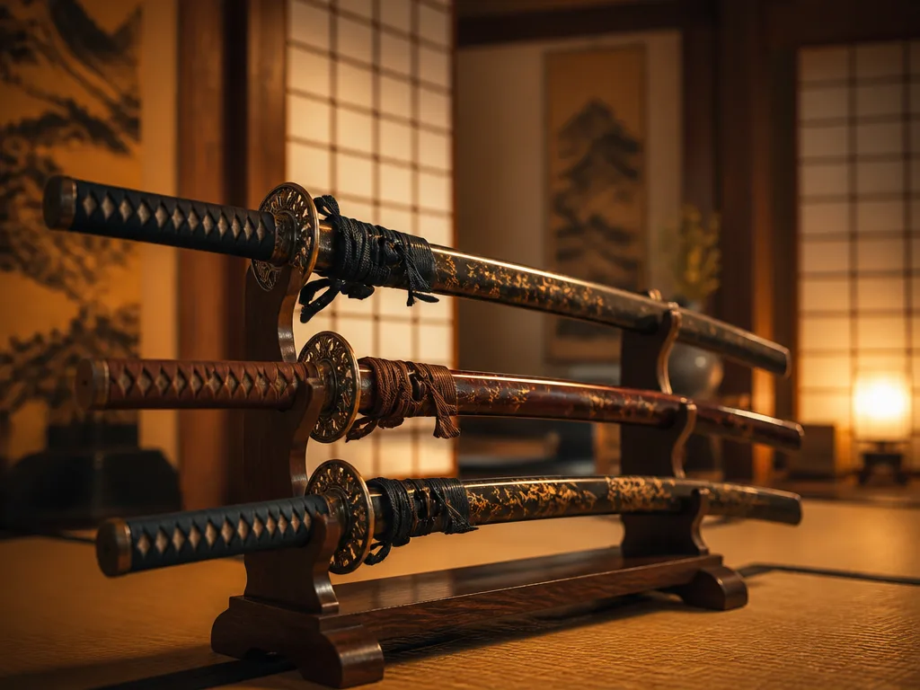 Tre ornamenterade katanas på ett träsvärdsstativ i ett japanskt dojo med varm lanternljus