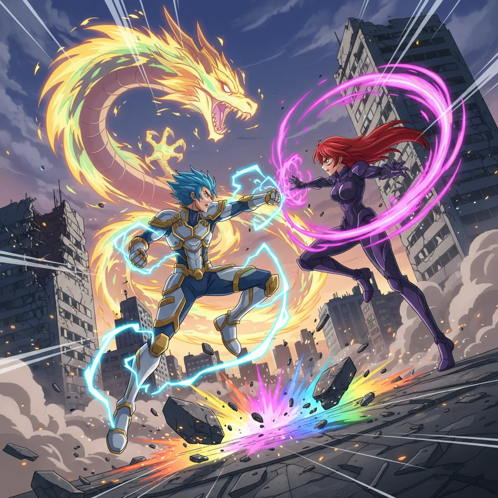 Dynamisk anime-actionscen med stridande karaktärer
