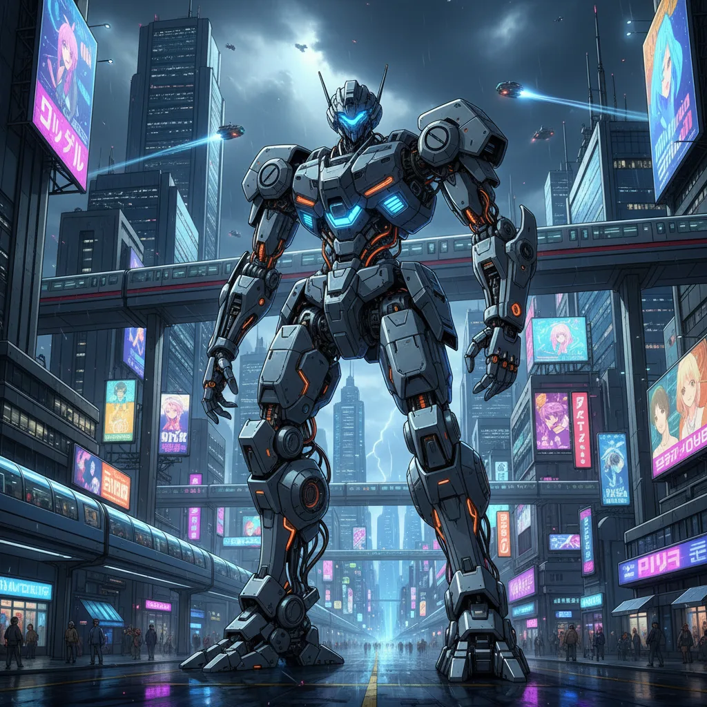 Gigantisk mecha-robot i futuristisk stad