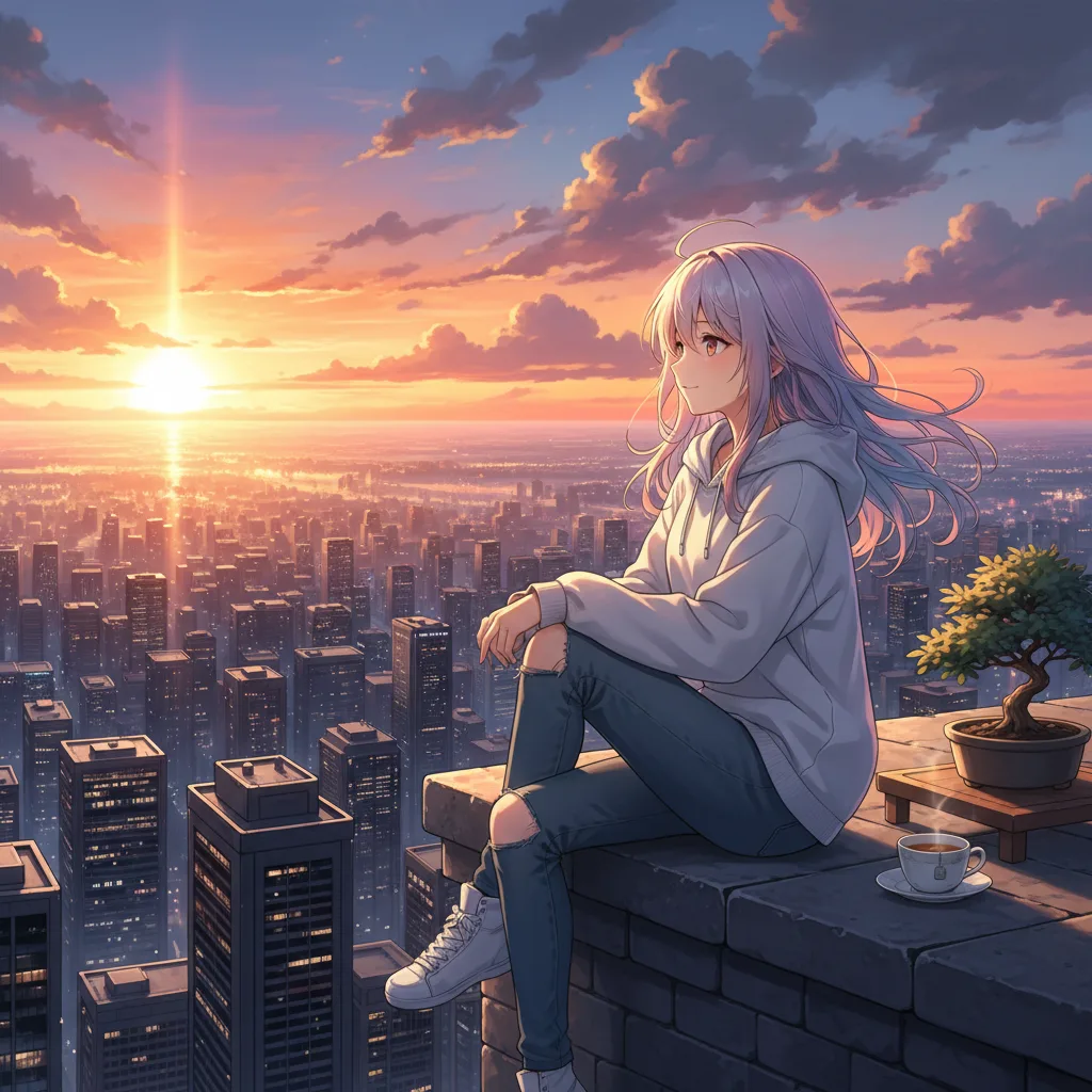 Anime-karaktärer på hustak vid solnedgång
